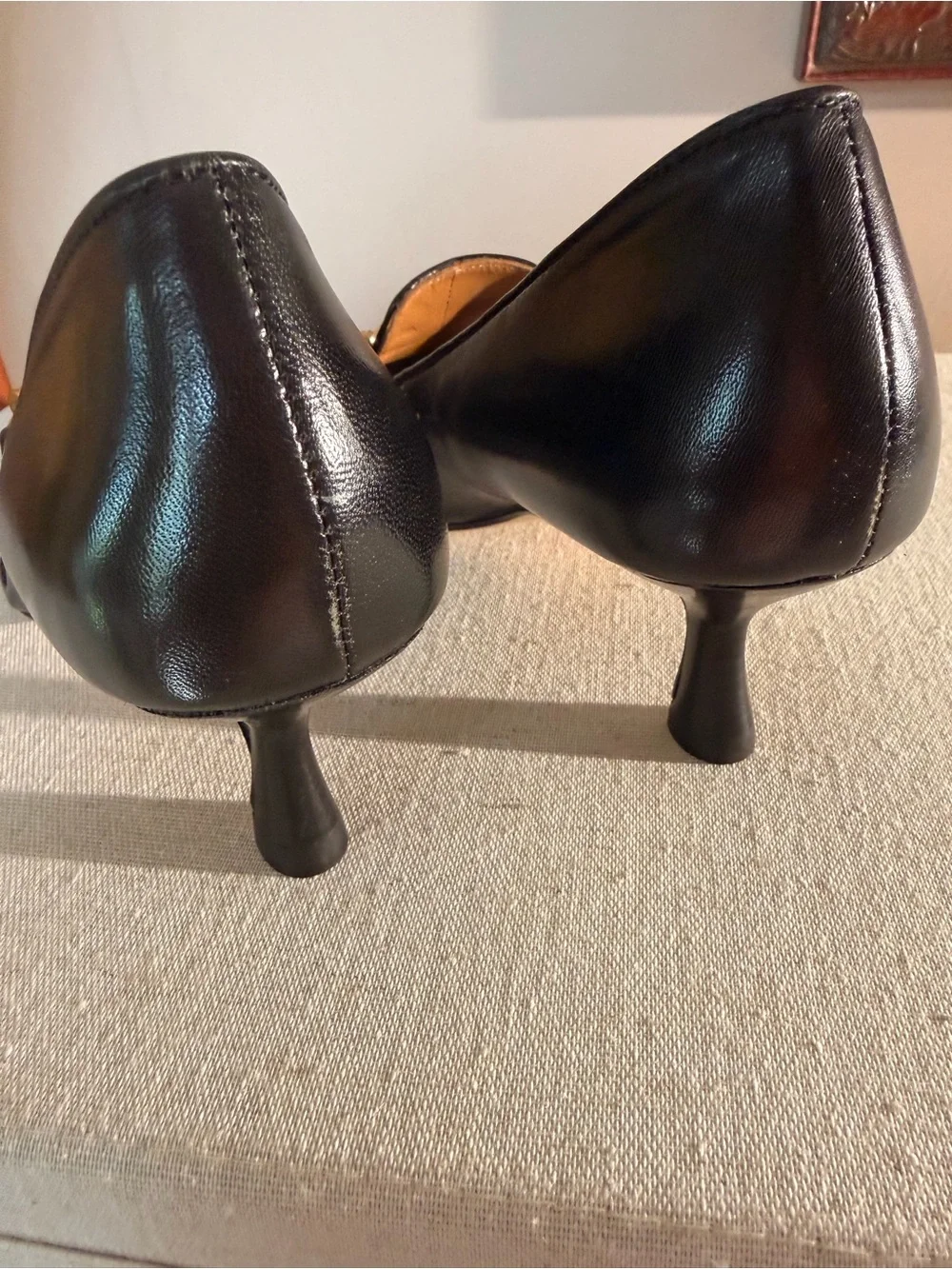 Tory Burch Black Leather Pointed Loafers with Gold Chain Accent
